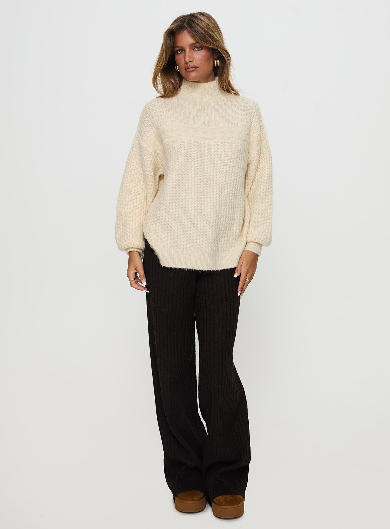 Wistfully Funnel Neck Knit Sweater Cream Product Image