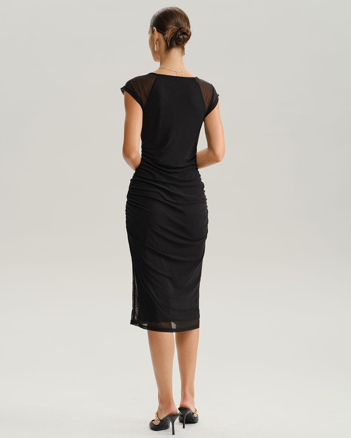 Black V Neck Mesh Midi Dress Product Image