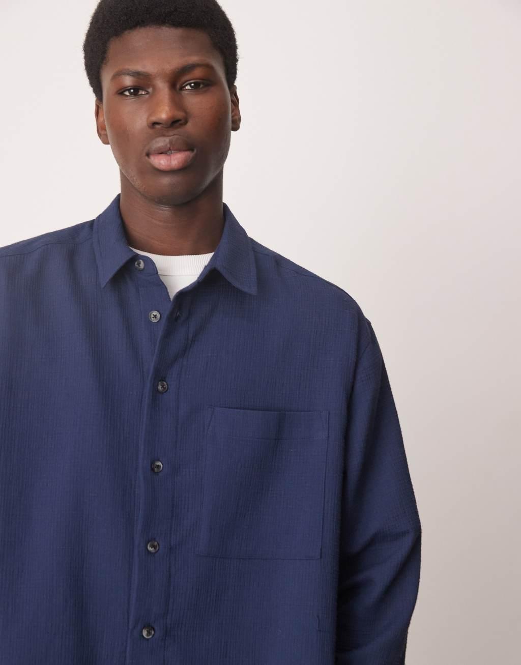 ASOS DESIGN oversized boxy shirt with crinkle texture in navy Product Image
