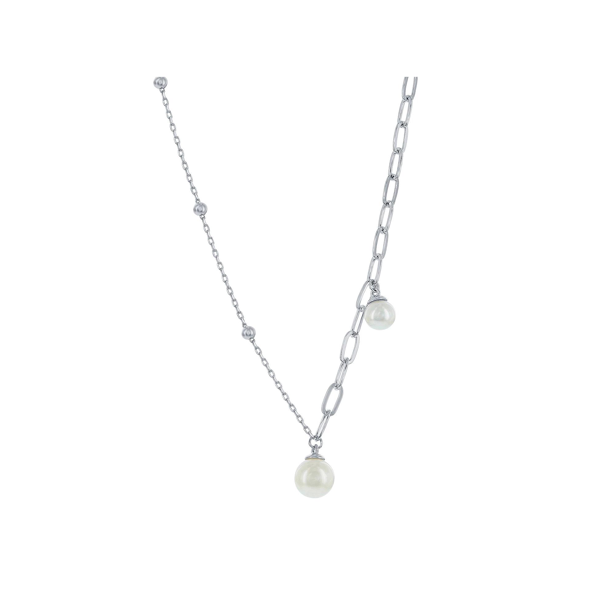 Sterling Silver Beaded & Paper Clip Freshwater Cultured Pearl Asymmetrical Necklace, Women's, Size: 16" Product Image