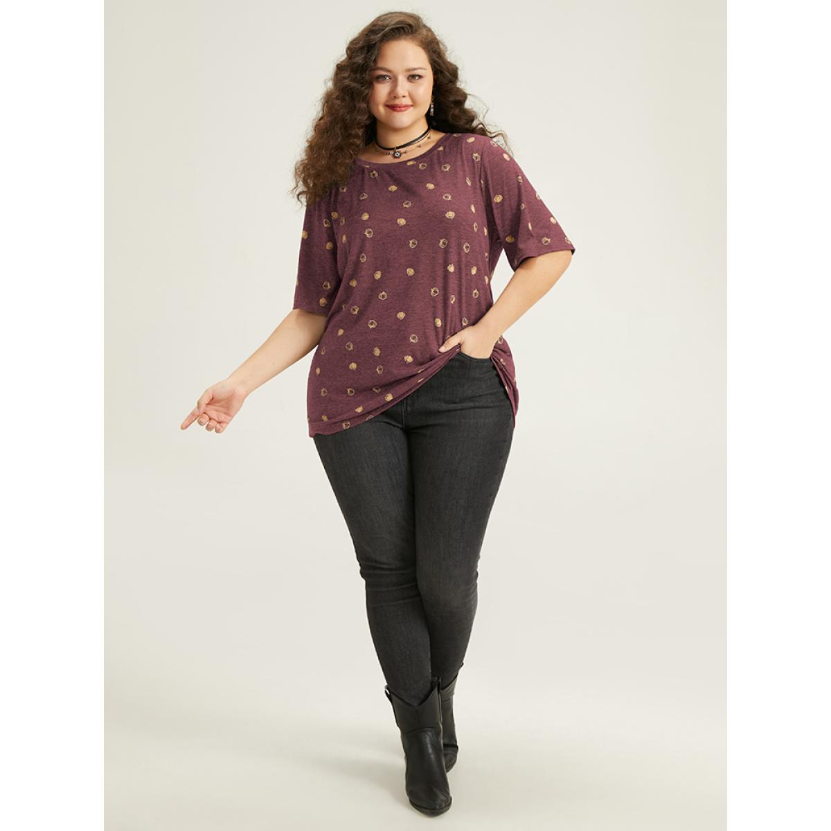 Plus Size Halloween Pumpkin Print Crew Neck T-shirt Russet Women Casual Printed Graphic-Halloween Round Neck Festival-Halloween T-shirts BloomChic 14-16/1X Product Image