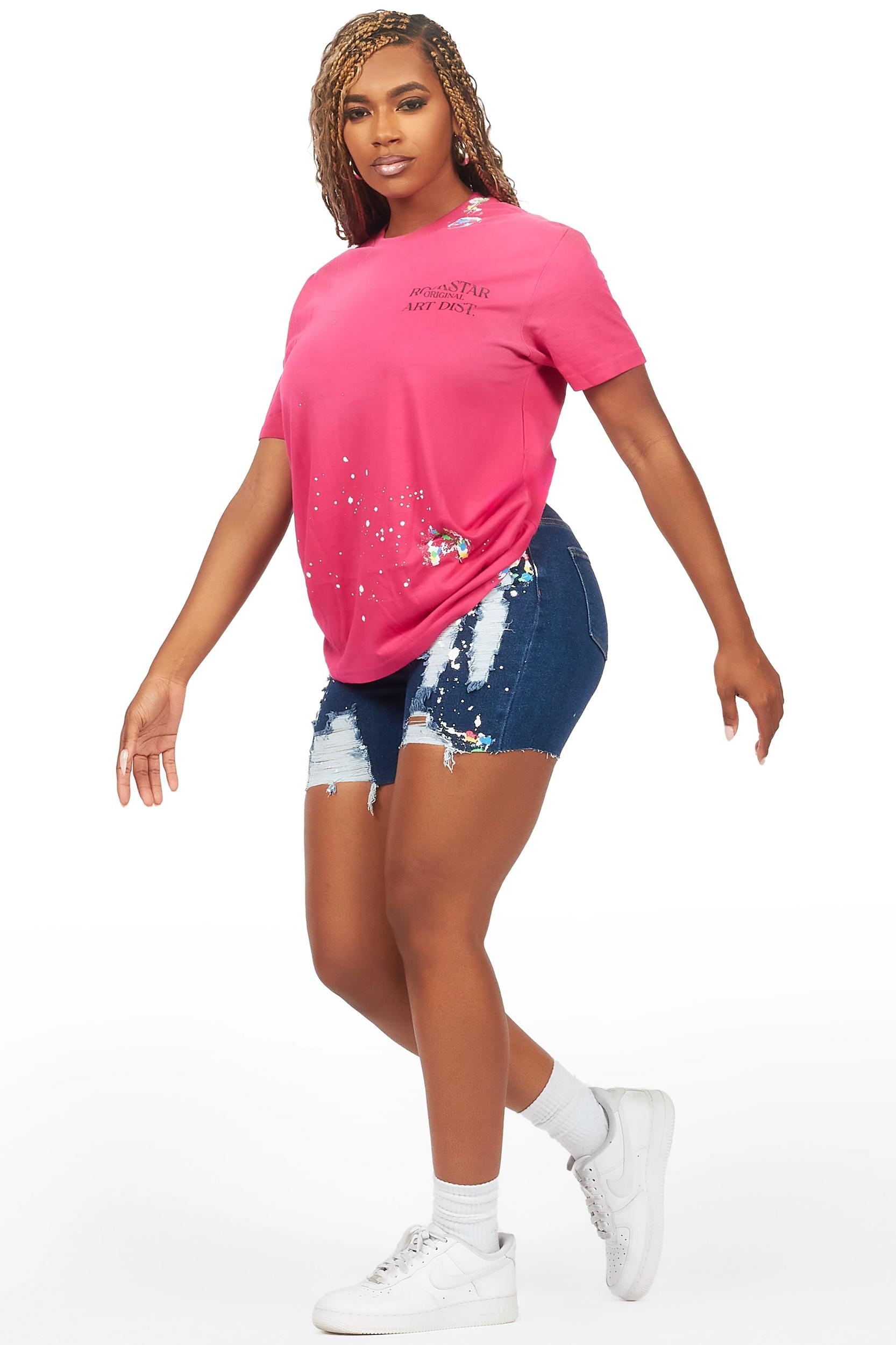 Jarah Pink/Blue Denim Short Set Female Product Image