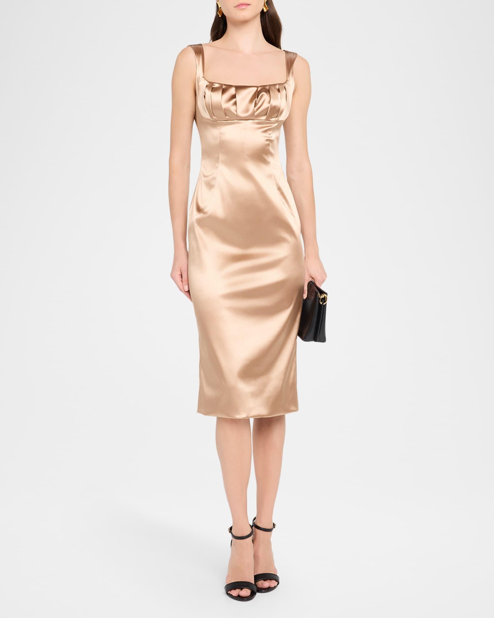 Sleeveless Pleated Stretch Satin Midi Dress Product Image