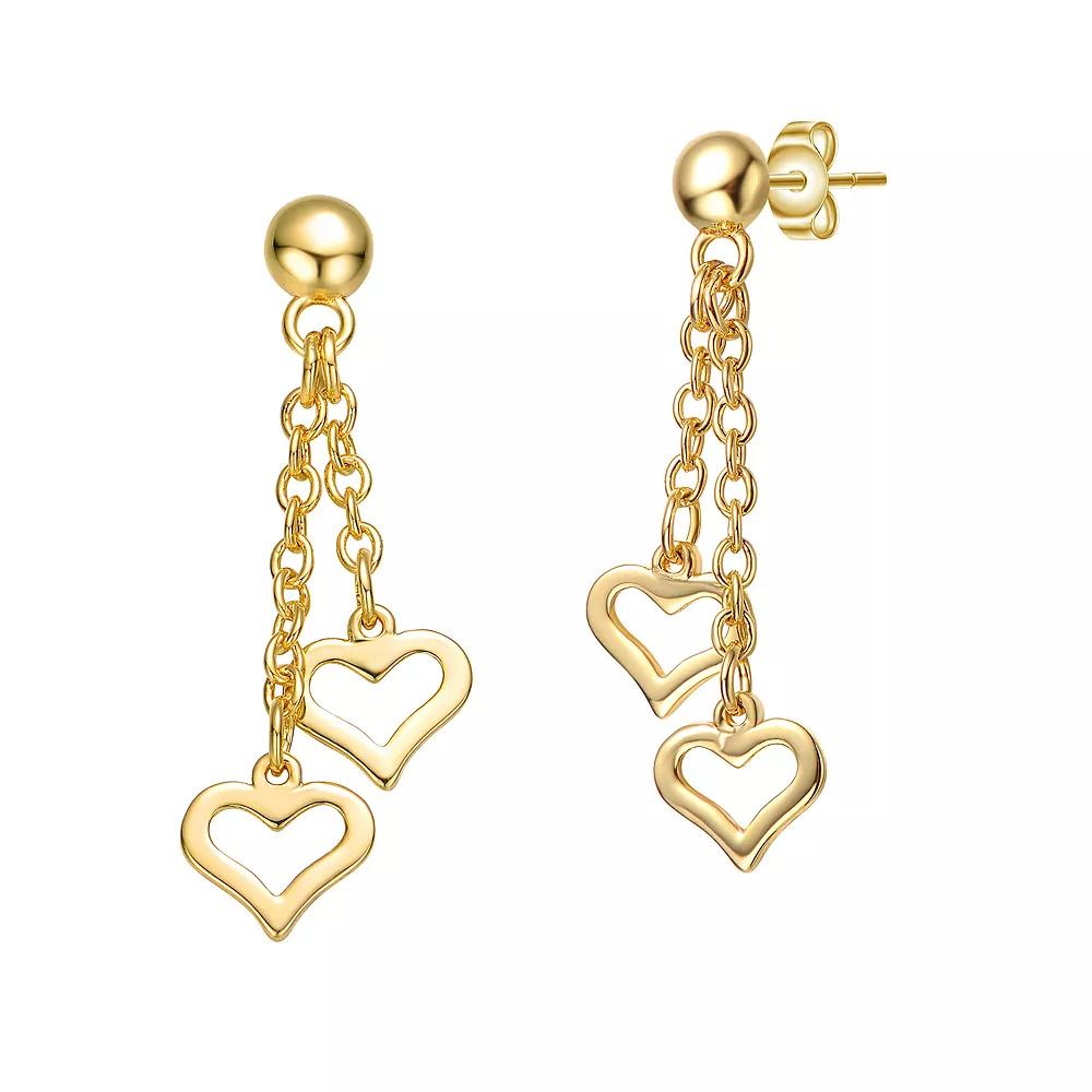 14k Gold Plated Double Heart Chain Drop Earrings, Womens, Gold Tone Yellow Product Image