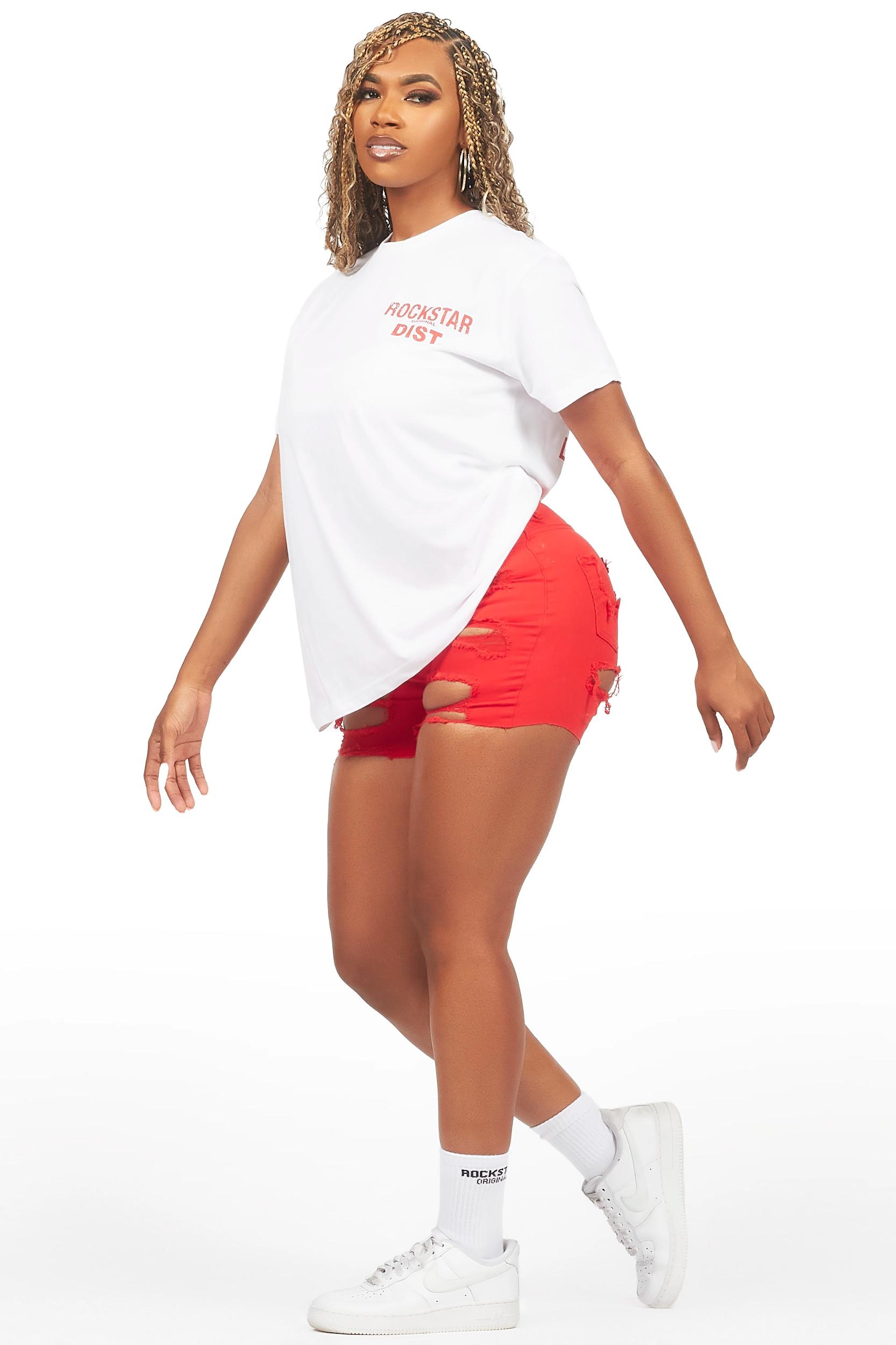 Jaquane White/Red Denim Short Set Female Product Image