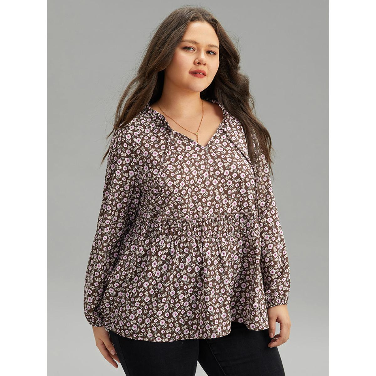 Plus Size DarkBrown Ditsy Floral Knot Neck Gathered Blouse Women Elegant Long Sleeve Tie Neck Dailywear Blouses BloomChic 12/L Product Image