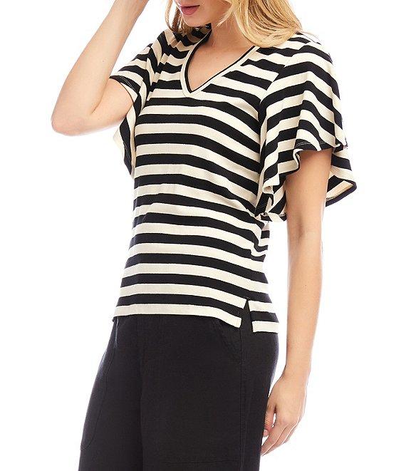 Karen Kane Knit Stripe V-Neck Short Flutter Sleeve Top Product Image