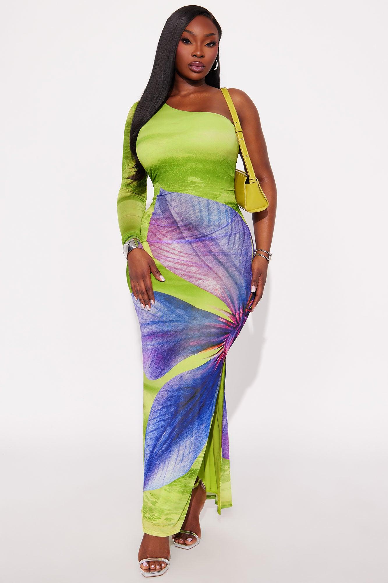 Kiara One Shoulder Mesh Maxi Dress - Green/combo Female Product Image