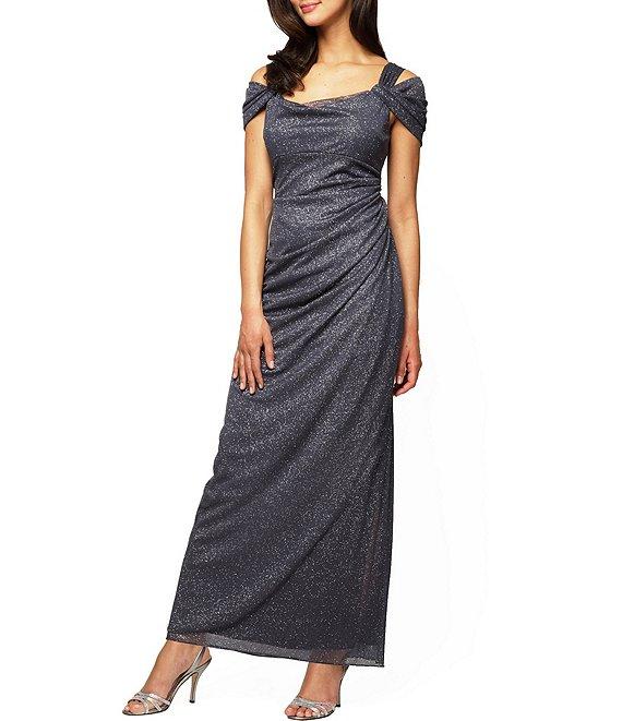 Alex Evenings Glitter Mesh Cowl Neck Cold Shoulder Cap Sleeve Side Slit Ruched Gown Product Image