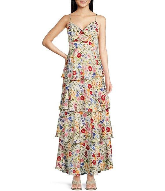 Skies Are Blue Floral Print Sweethart Neck Sleeveless Tiered Maxi Dress Product Image
