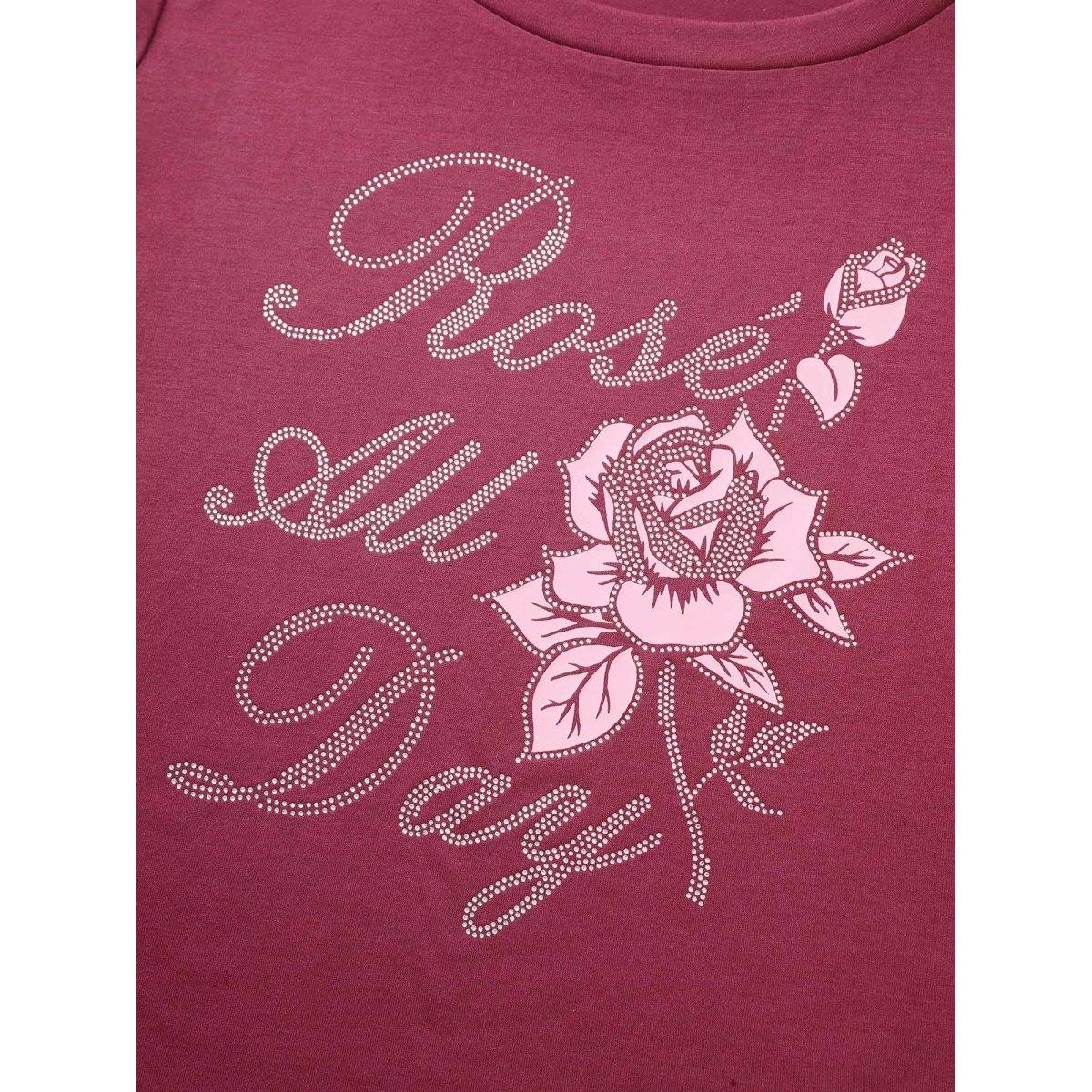 Plus Size Natural Flowers Rhinestone Round Neck T-shirt RedViolet Women Elegant Natural Flowers Everyday T-shirts BloomChic 10/M Product Image