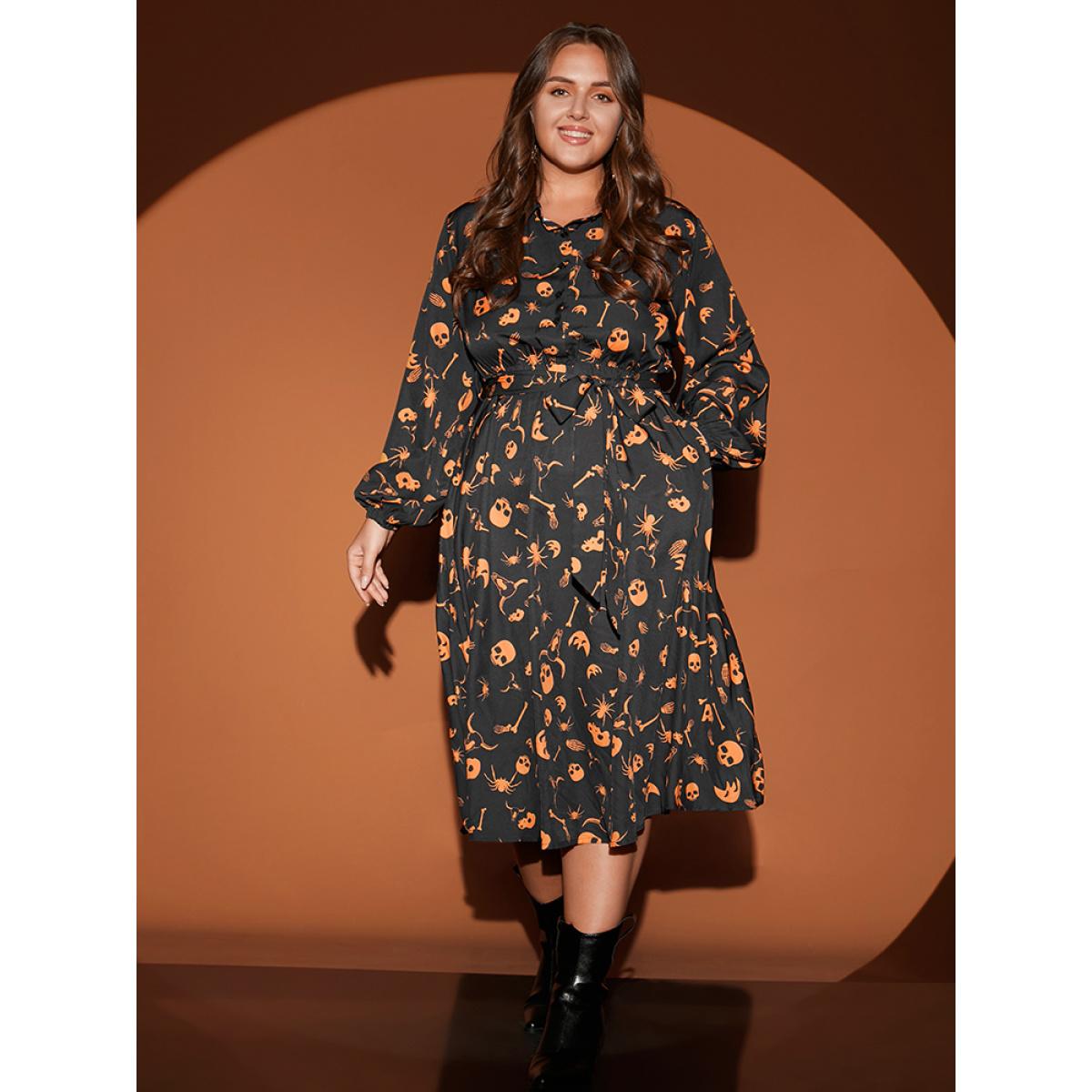 Plus Size Halloween Print Shirt Collar Pocket Button Up Belted Flutter Dress Black Women Elegant Printed Shirt collar Long Sleeve Curvy Midi Dress BloomChic 30/6X Product Image