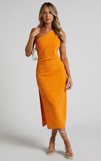 Monette Midi Dress - One Shoulder Straight Dress in Orange Product Image