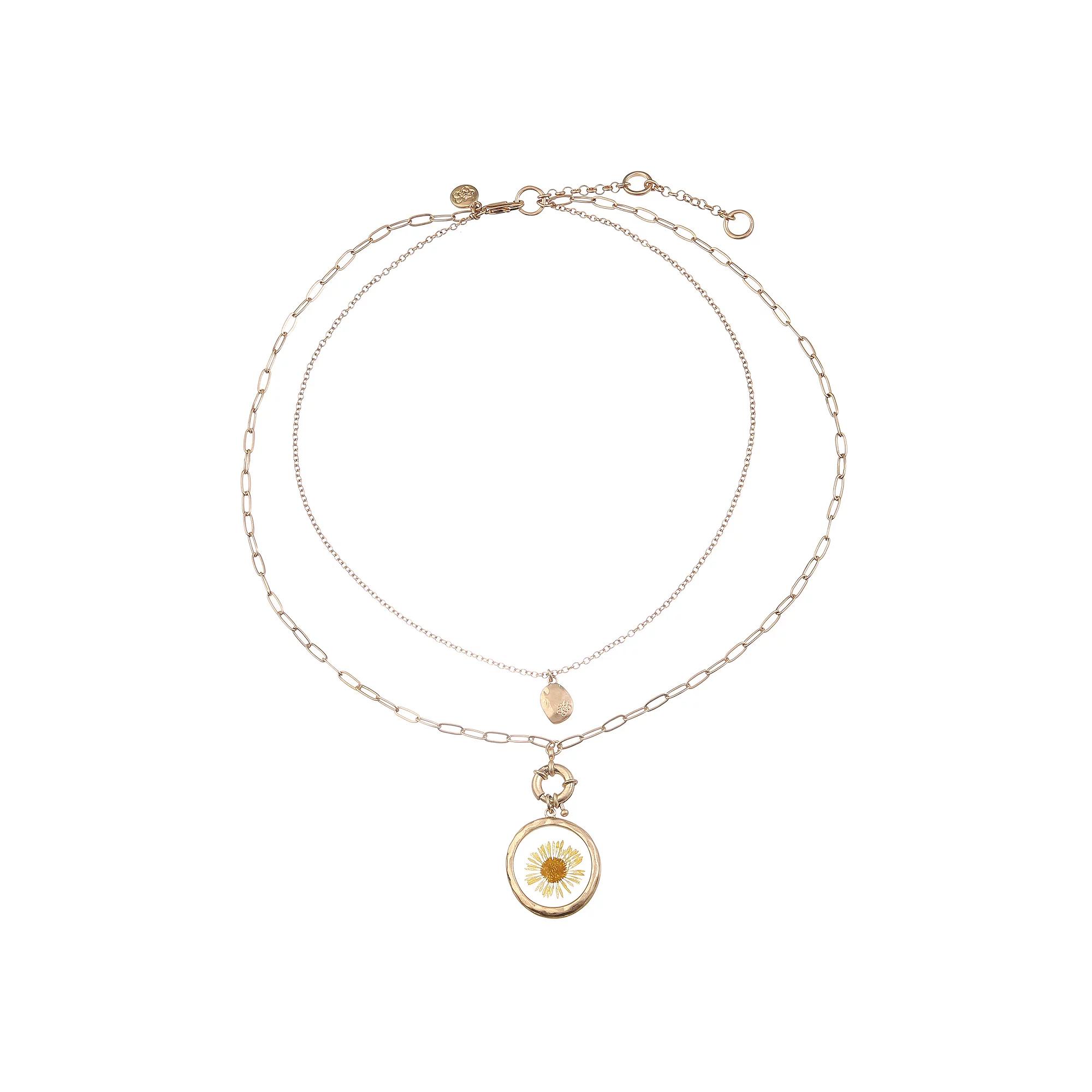 Bella Uno Worn Gold Multistrand Yellow Pressed Flower Spring Ring Necklace, Women's, Size: 18/22+3", Gold Tone Product Image