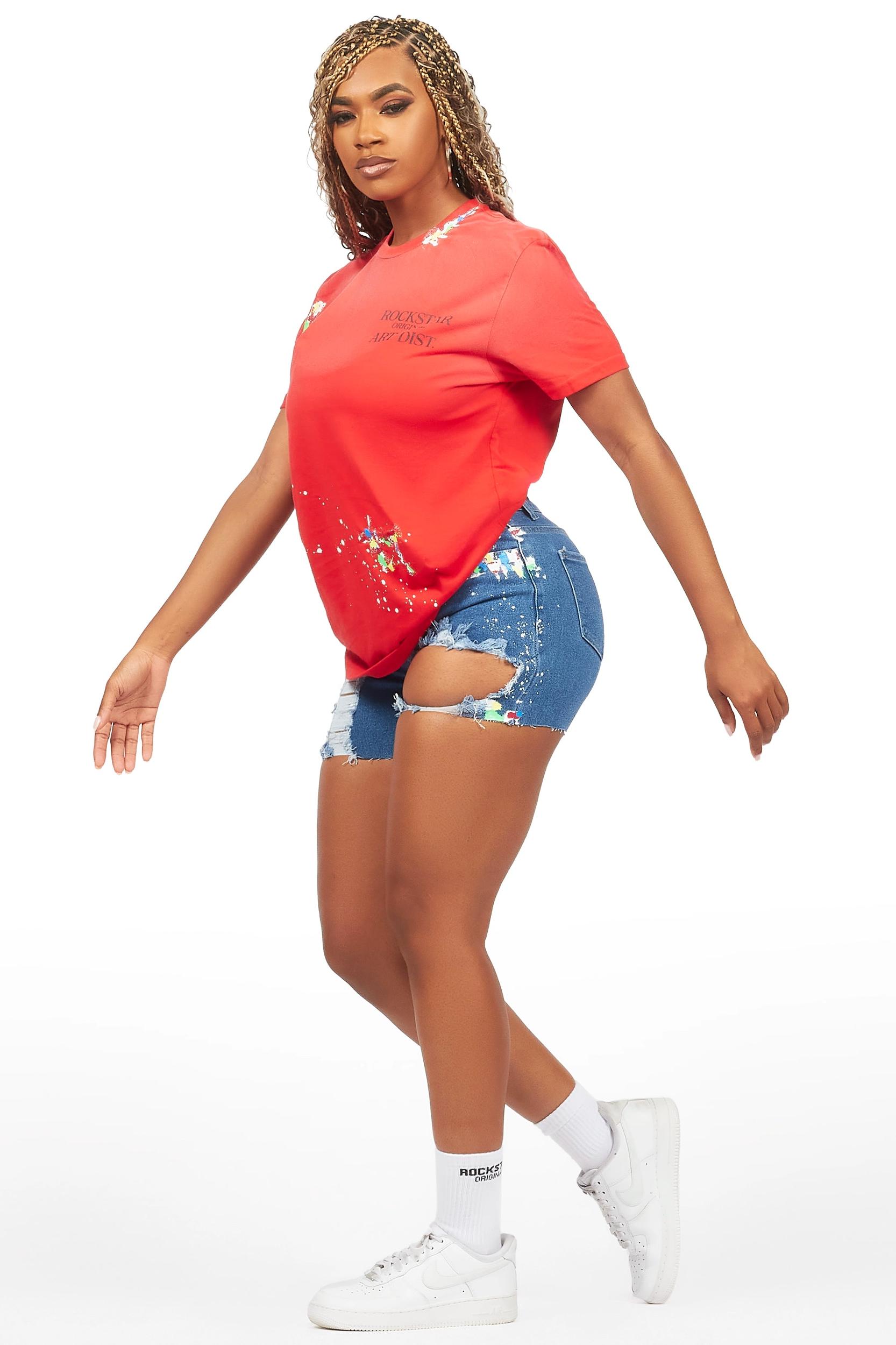 Lathoya Red/Blue Denim Short Set Female Product Image