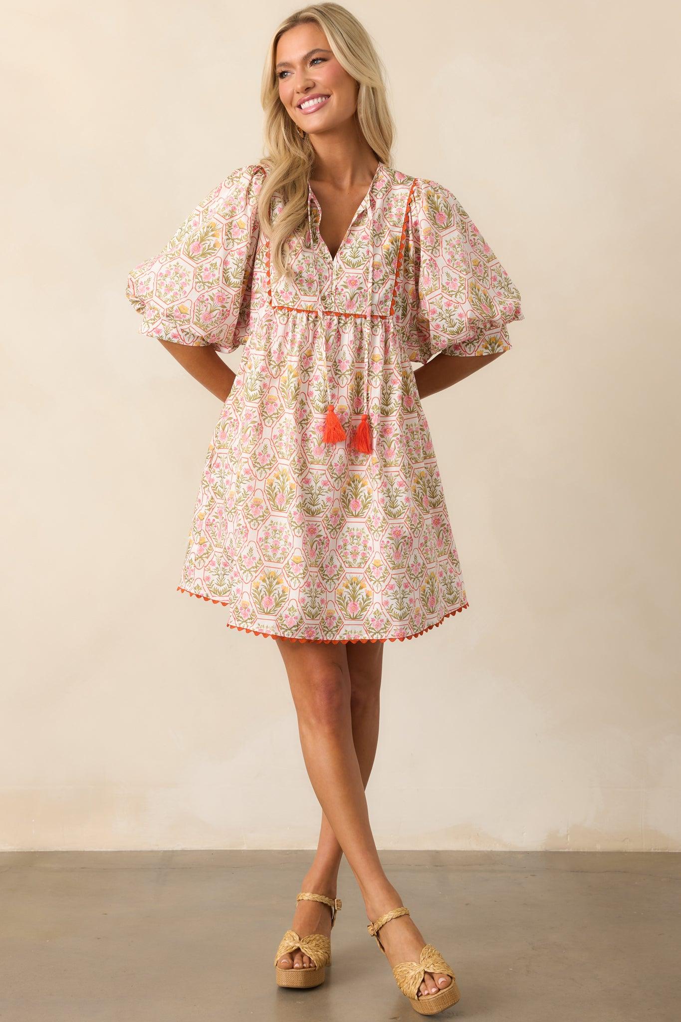 A Little Something Orange Geometric Floral Cotton Mini Dress Product Image