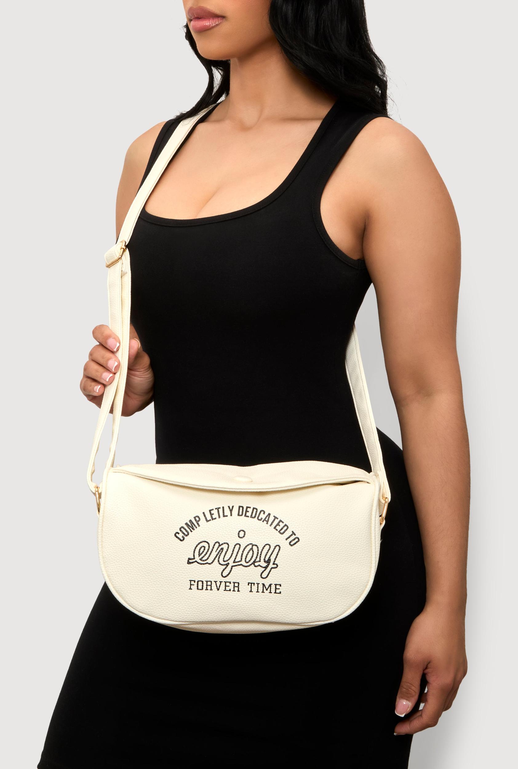 Womens Enjoy Graphic Faux Leather Half Moon Crossbody Bag Product Image