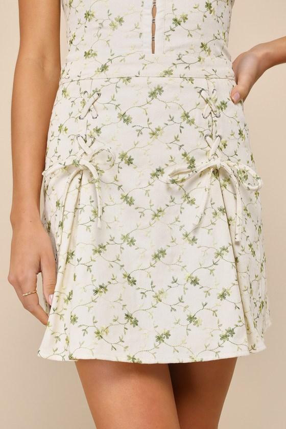 Delightful Flirt Ivory Twill Floral Embroidered Mini Skirt Product Image