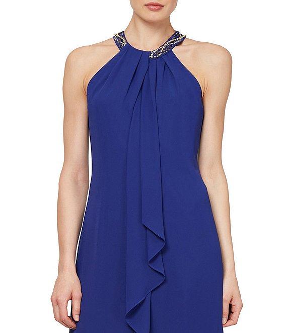 Ignite Evenings Beaded Braid Sleeveless Halter Neck Chiffon Ruffle Front Dress Product Image