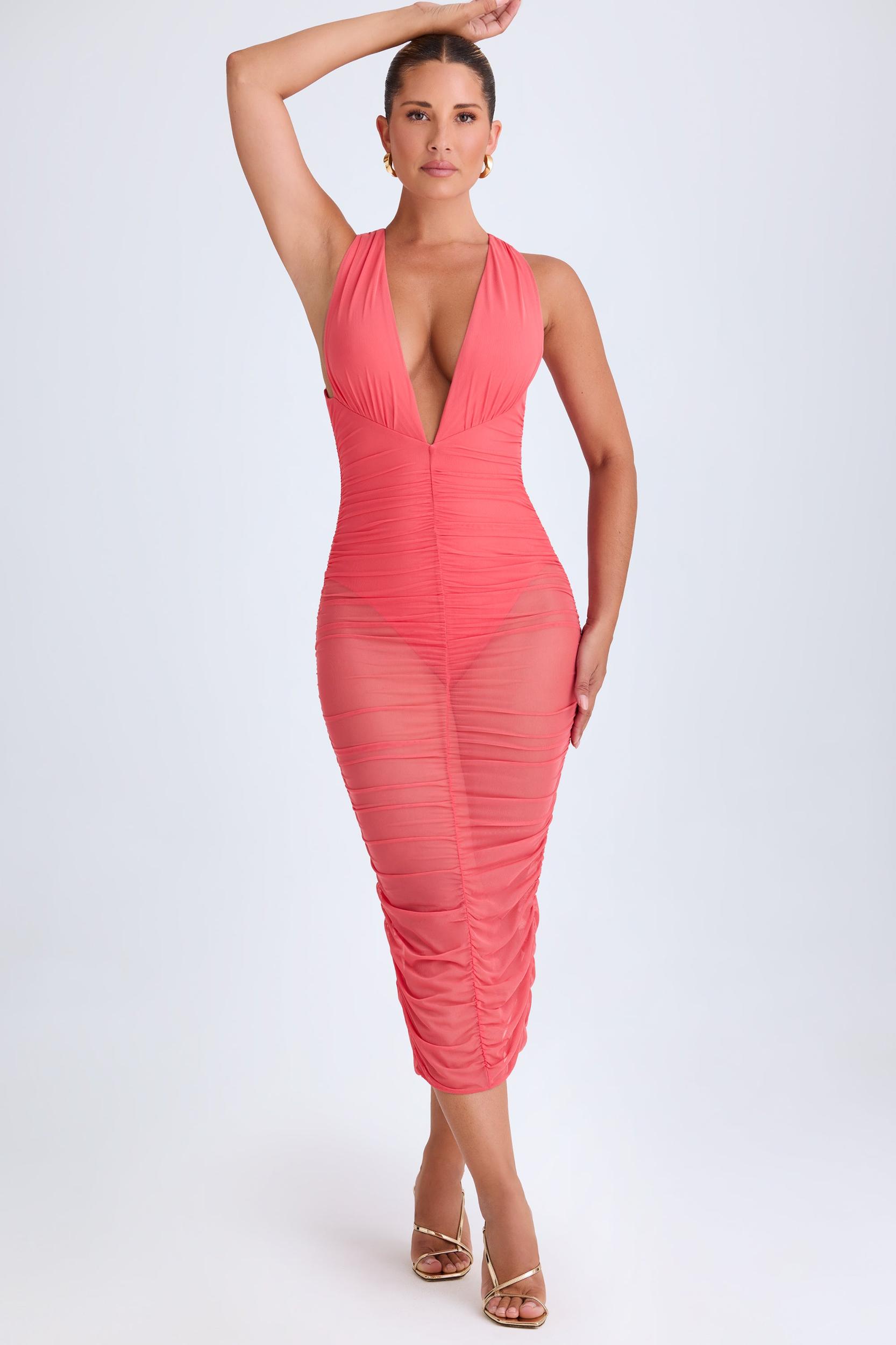 Ruched Plunge Midaxi Dress in Coral Female Product Image
