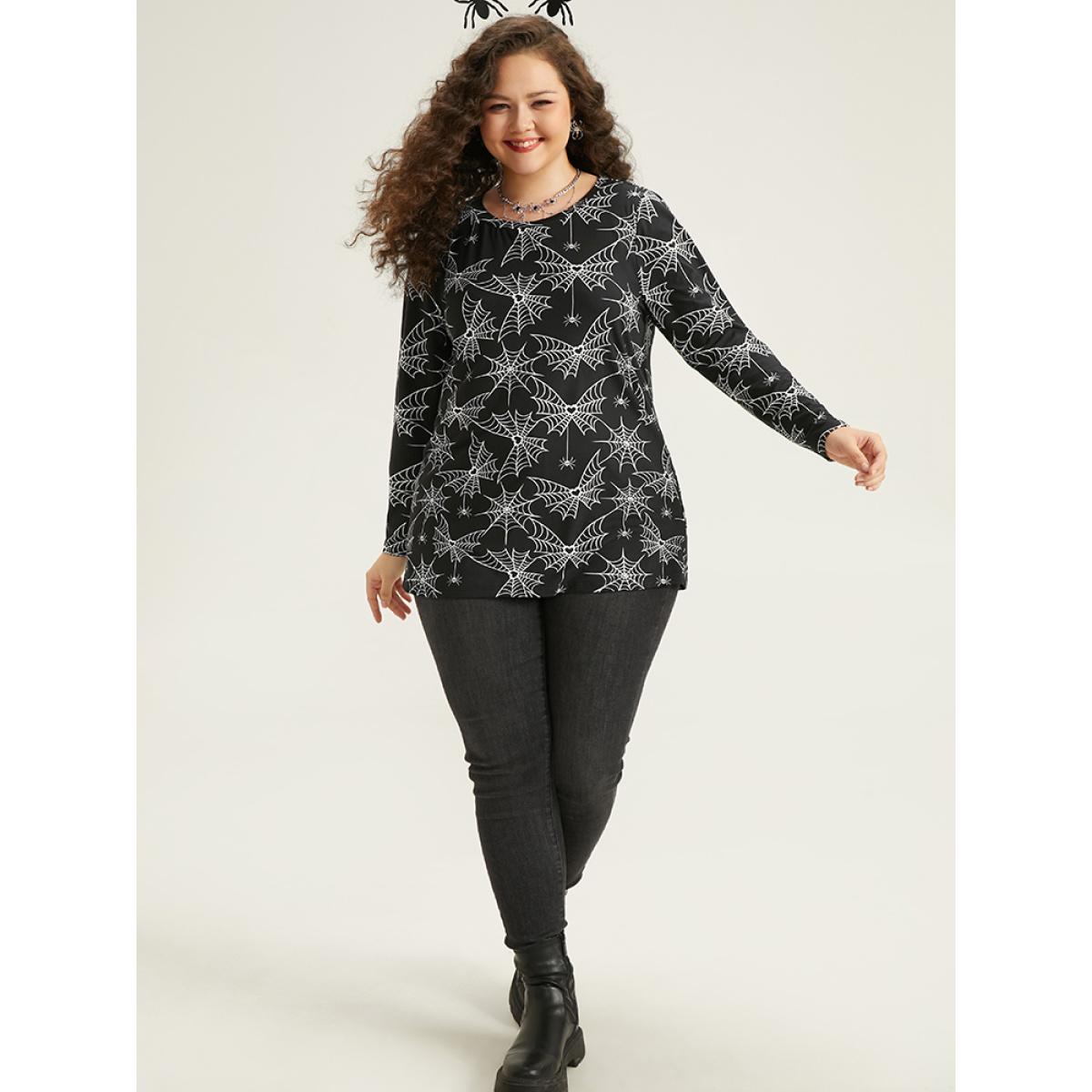 Plus Size Halloween Spider Web Print Round Neck T-shirt Black Women Casual Printed Graphic-Halloween Round Neck Festival-Halloween T-shirts BloomChic 26/4X Product Image