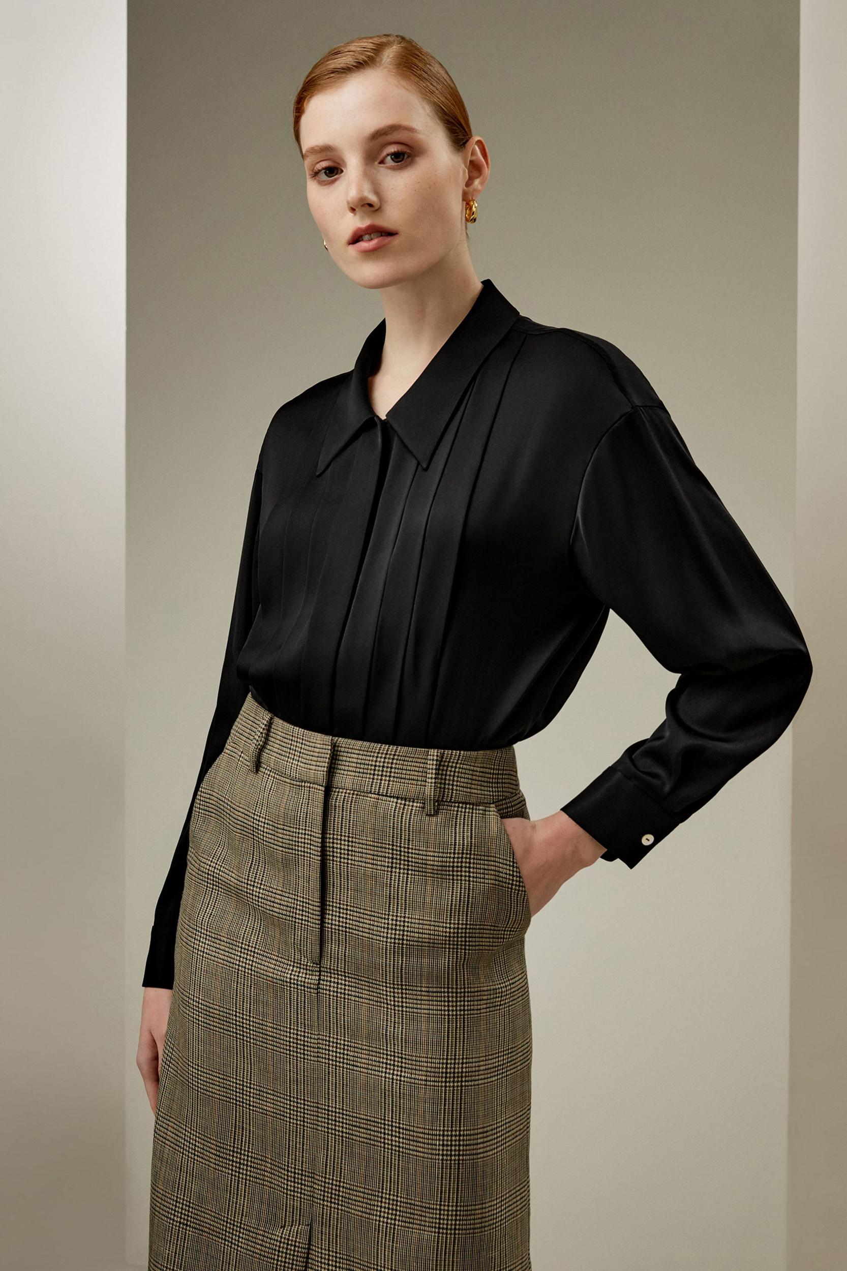 Pleated Shirt-Collar Silk Blouse Product Image