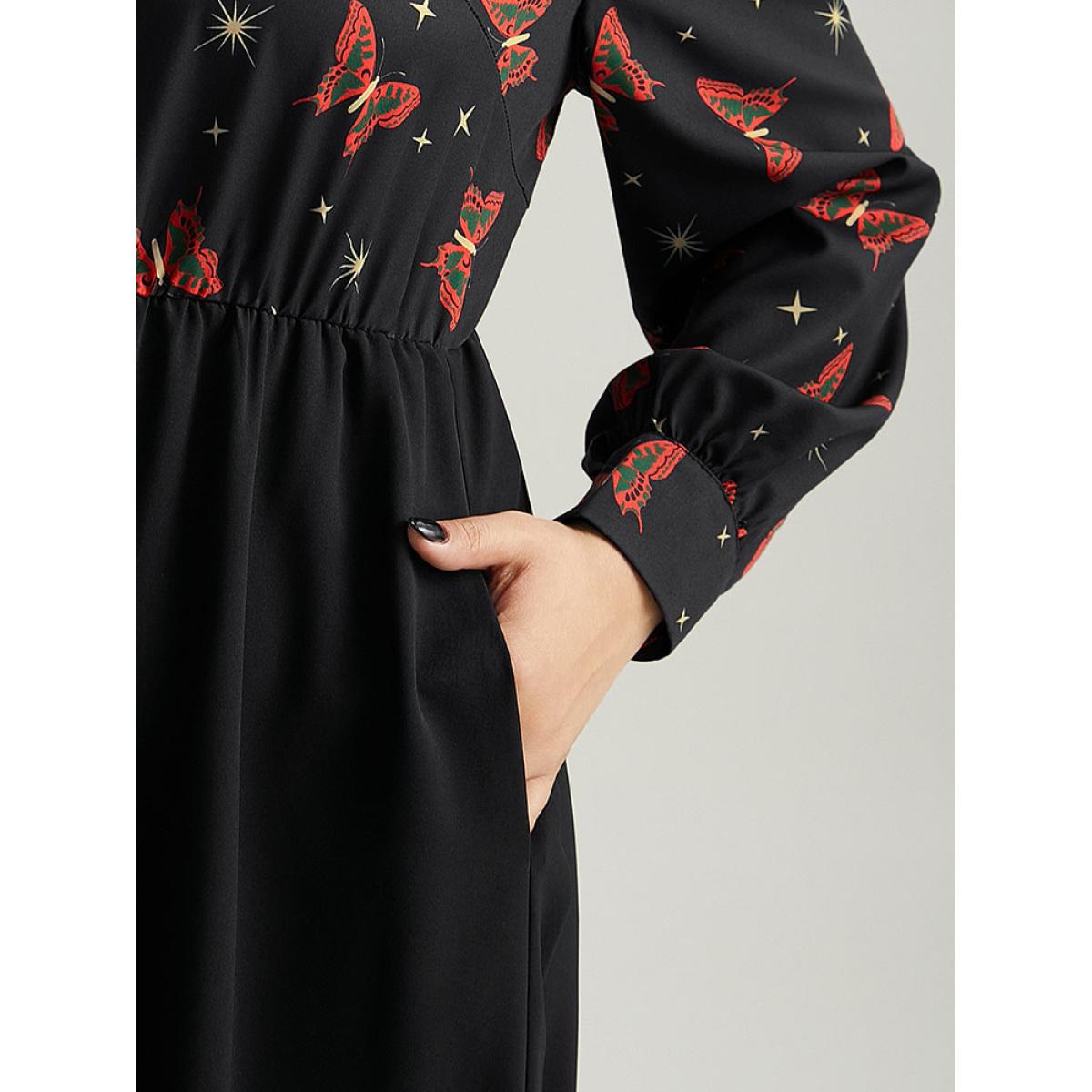 Plus Size Christmas Butterfly Patchwork Tie Neck Dress Black Women Office Cross straps Tie Neck Long Sleeve Curvy Midi Dress BloomChic 28/5X Product Image