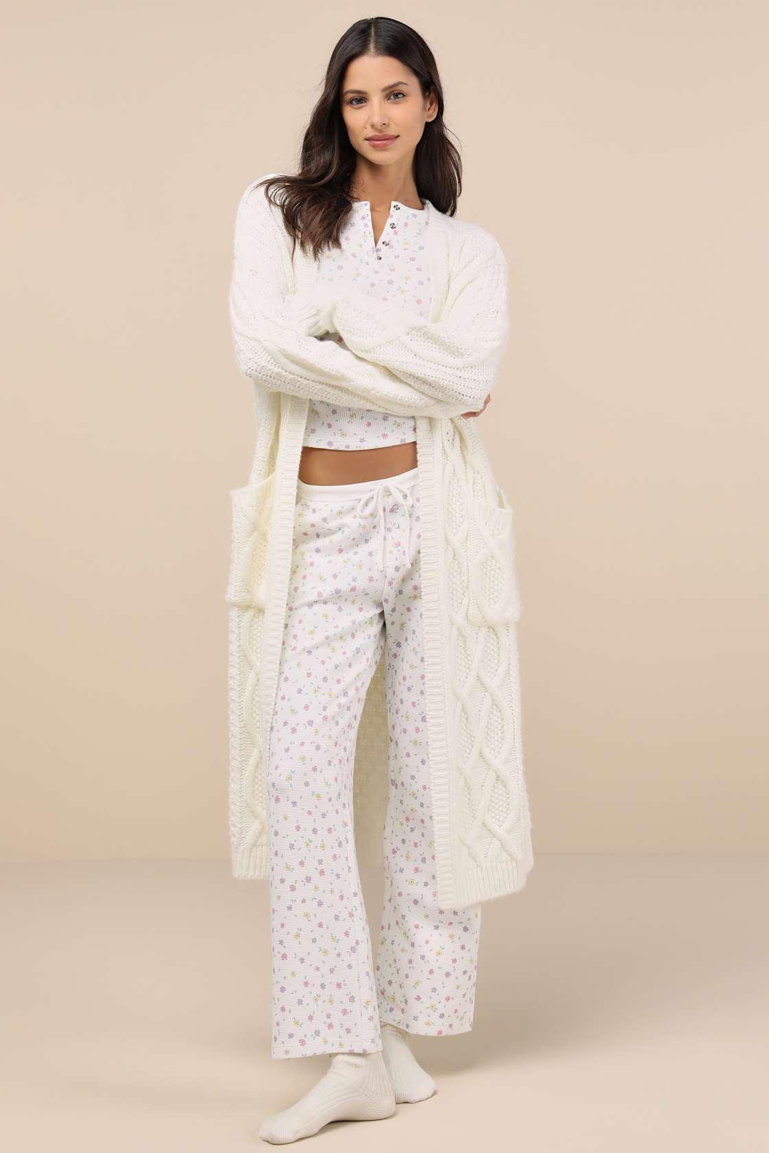 Cabin White Floral Waffle Knit Pants Product Image