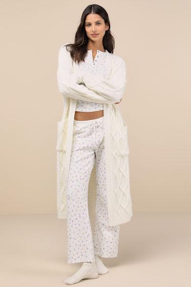 Cabin White Floral Waffle Knit Pants Product Image