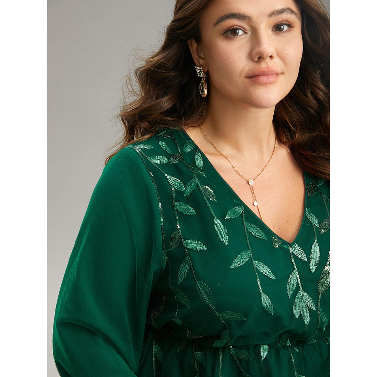 Plus Size Green Leaves Embroidered Sequin Tiered Mesh Blouse Women Glamour Long Sleeve V-neck Party Blouses BloomChic 28/5X Product Image