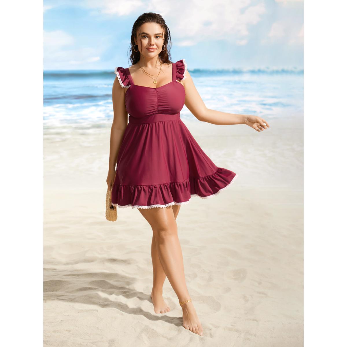 Plus Size Heart Neckline Gathered Patchwork Lace Trim Swim Dress Women's Swimwear Deepred Beach Bodycon Heart neckline High stretch Curve Swim Dresses BloomChic 22-24/3X Product Image