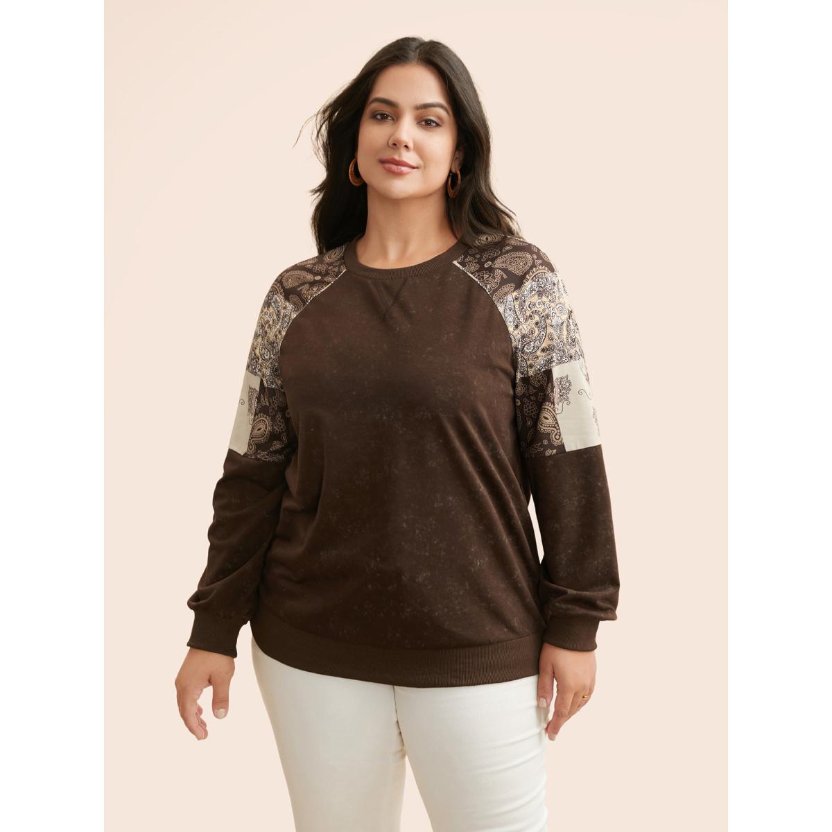 Plus Size Vintage Boho Print Patchwork Sweatshirt Women DarkBrown Casual Contrast Round Neck Everyday Sweatshirts BloomChic 18-20/2X Product Image