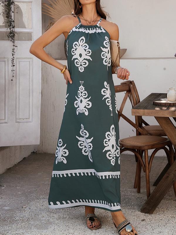 A-Line Loose Contrast Color Halter-Neck Maxi Dresses Product Image