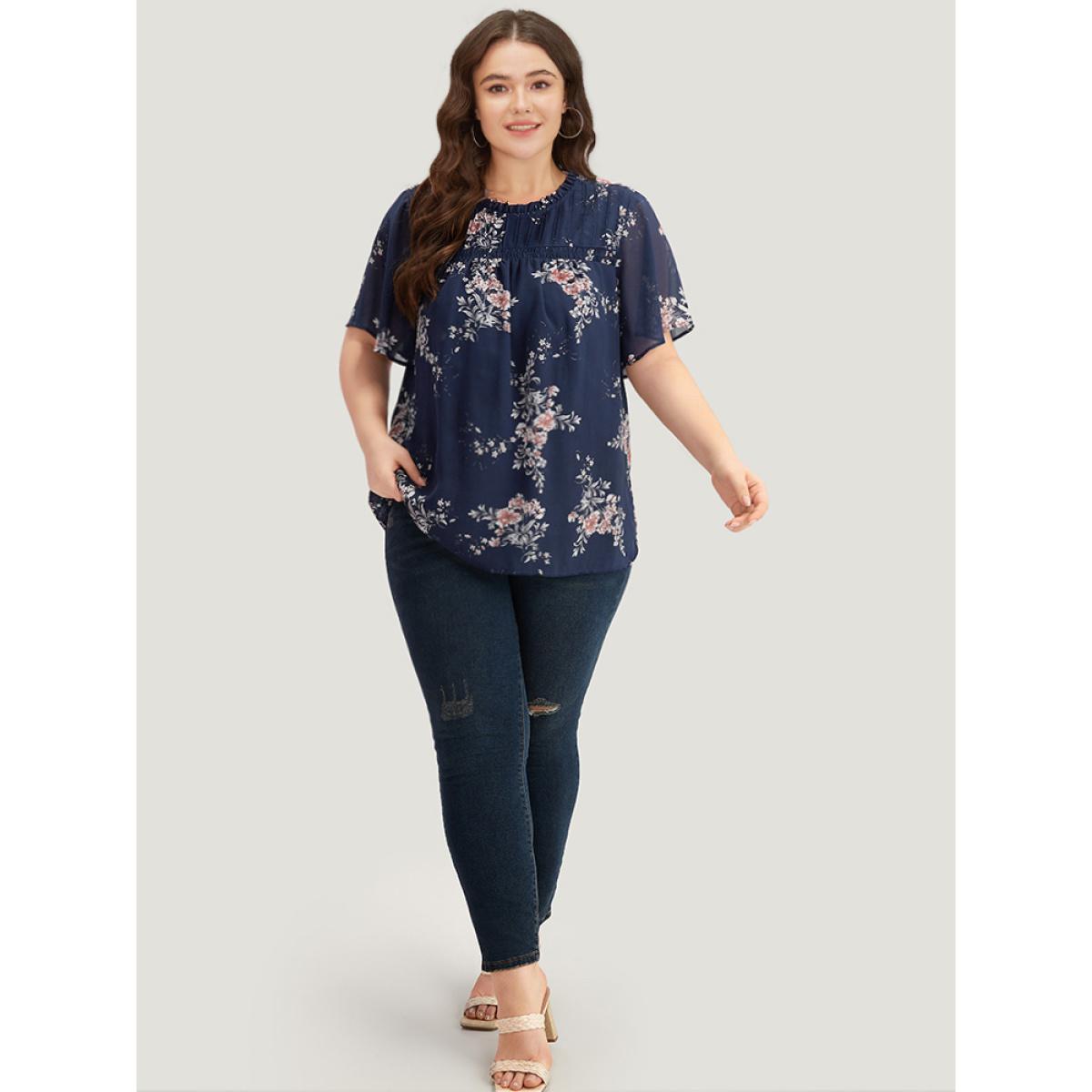 Plus Size Indigo Floral Print Frill Trim Shirred Flutter Sleeve Blouse Women Elegant Short sleeve Round Neck Dailywear Blouses BloomChic 26/4X Product Image