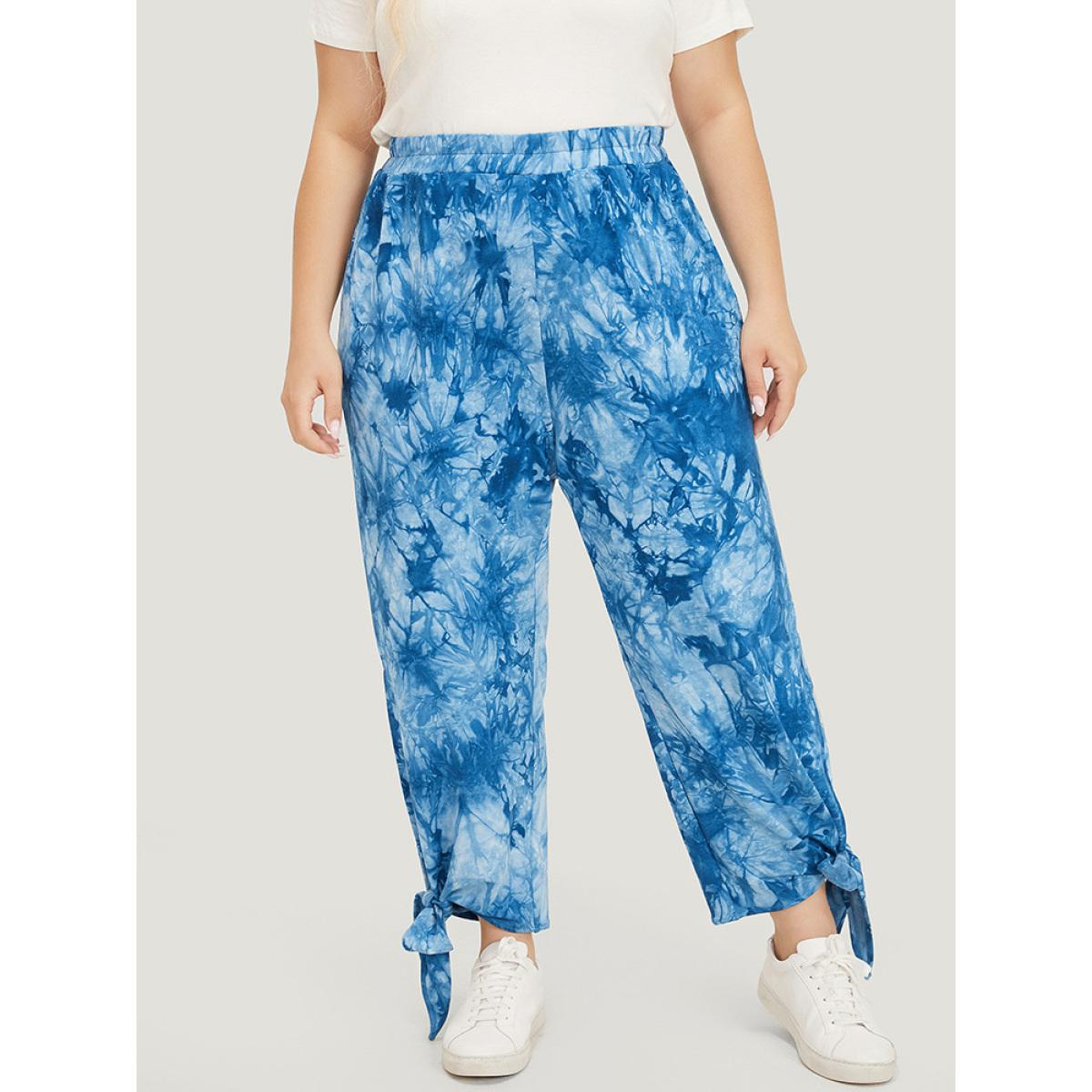 Plus Size Tie Dye Pocket Cut Out Knotted Hem Pants Women Blue Casual Mid Rise Dailywear Pants BloomChic 12/L Product Image