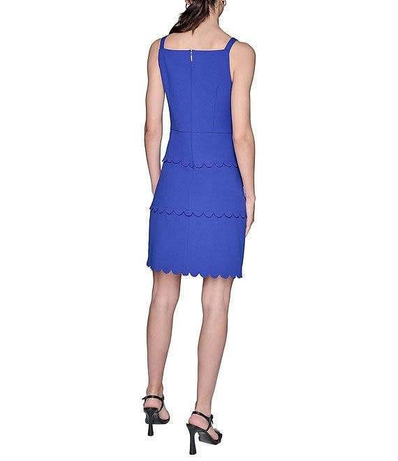 KARL LAGERFELD PARIS Scuba Sleeveless Square Neck Tiered Scalloped Trim Sheath Dress Product Image