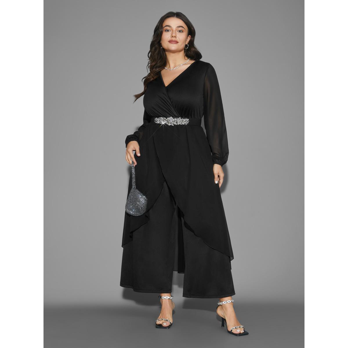 Plus Size Black Chiffon Mesh Overlap Collar Gathered Jumpsuit Women Cocktail Long Sleeve Overlap Collar Party Loose Jumpsuits BloomChic 14-16/1X Product Image