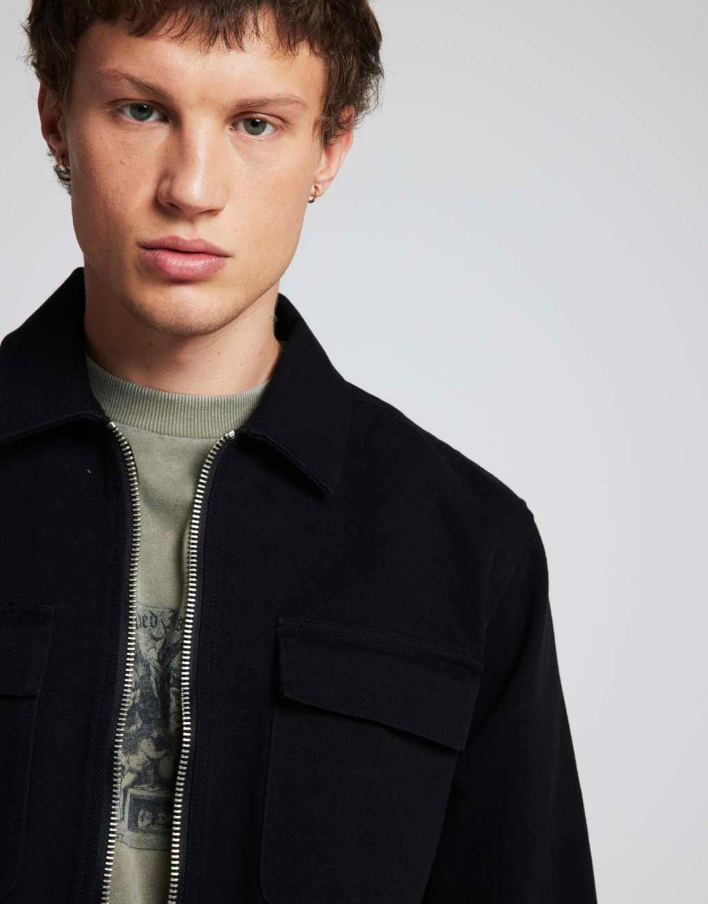 River Island zip up twill overshirt in black Product Image