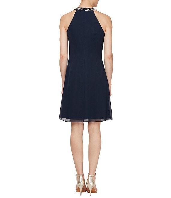 Ignite Evenings Petite Size Beaded Halter Neck Sleeveless Cascade Front Ruffle Chiffon Dress Product Image