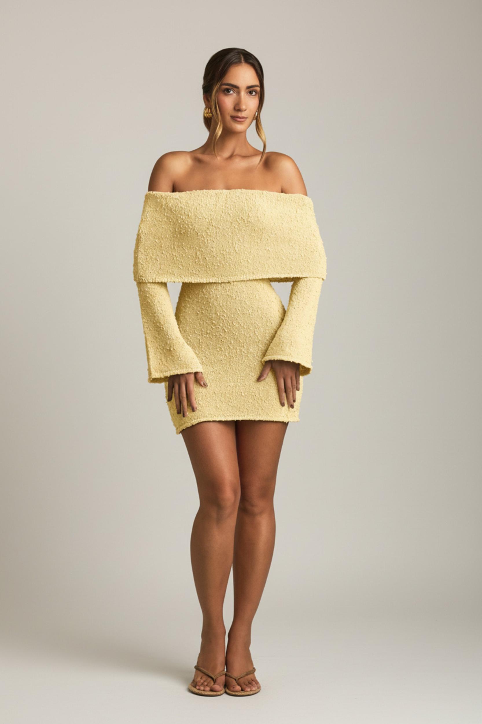Bouclé Off-Shoulder Mini Dress in Yellow Product Image