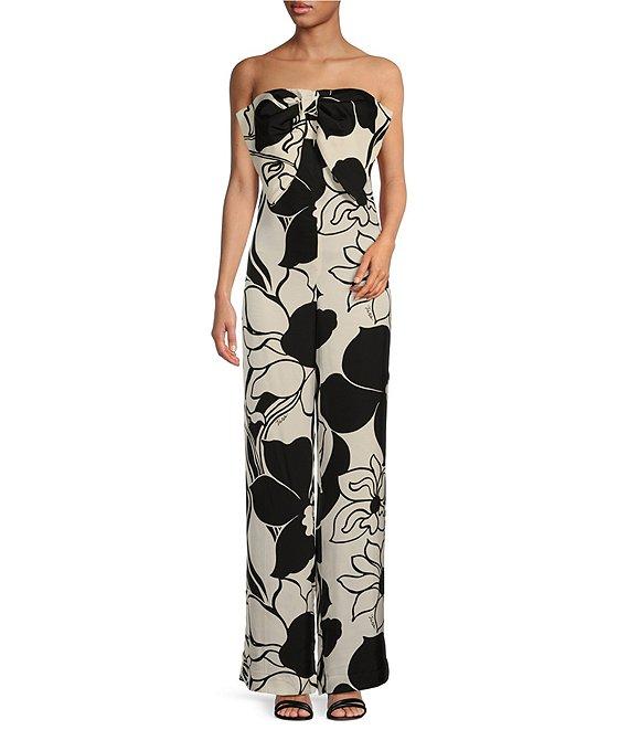 Tara Jarmon Coeur Woven Floral Print Strapless Front Bow Wide Leg Jumpsuit Product Image