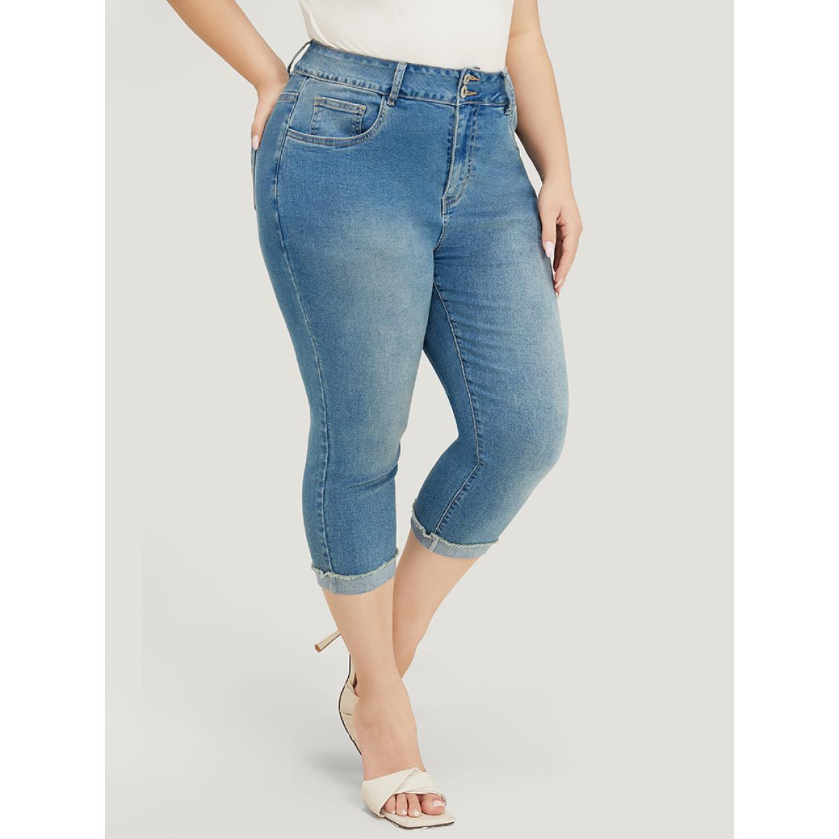Plus Size Very Stretchy High Rise Medium Wash Roll Hem Cropped Jeans Women Cerulean Casual Plain High stretch Pocket Jeans BloomChic 24/3X Product Image