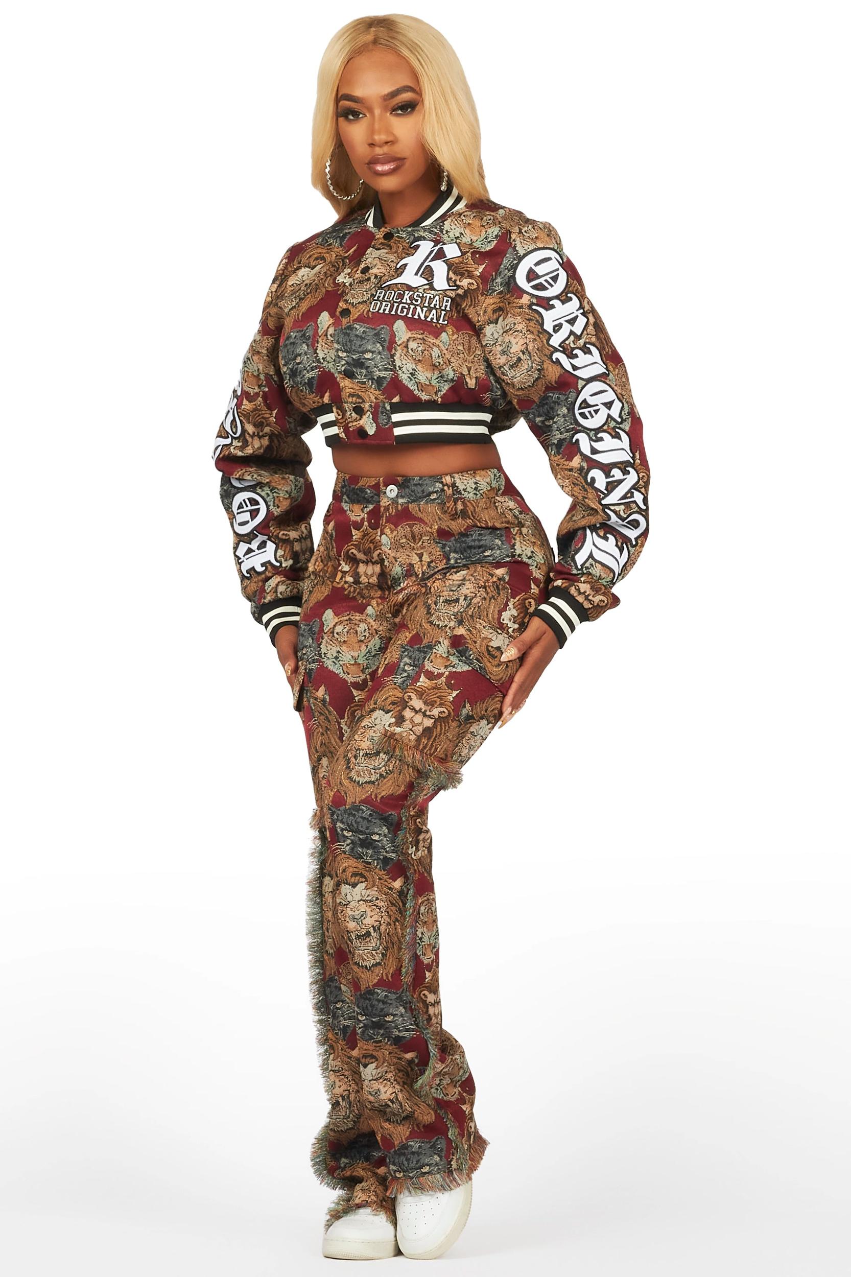 Khadiyah Red Crop Tapestry Varsity Jacket Female Product Image