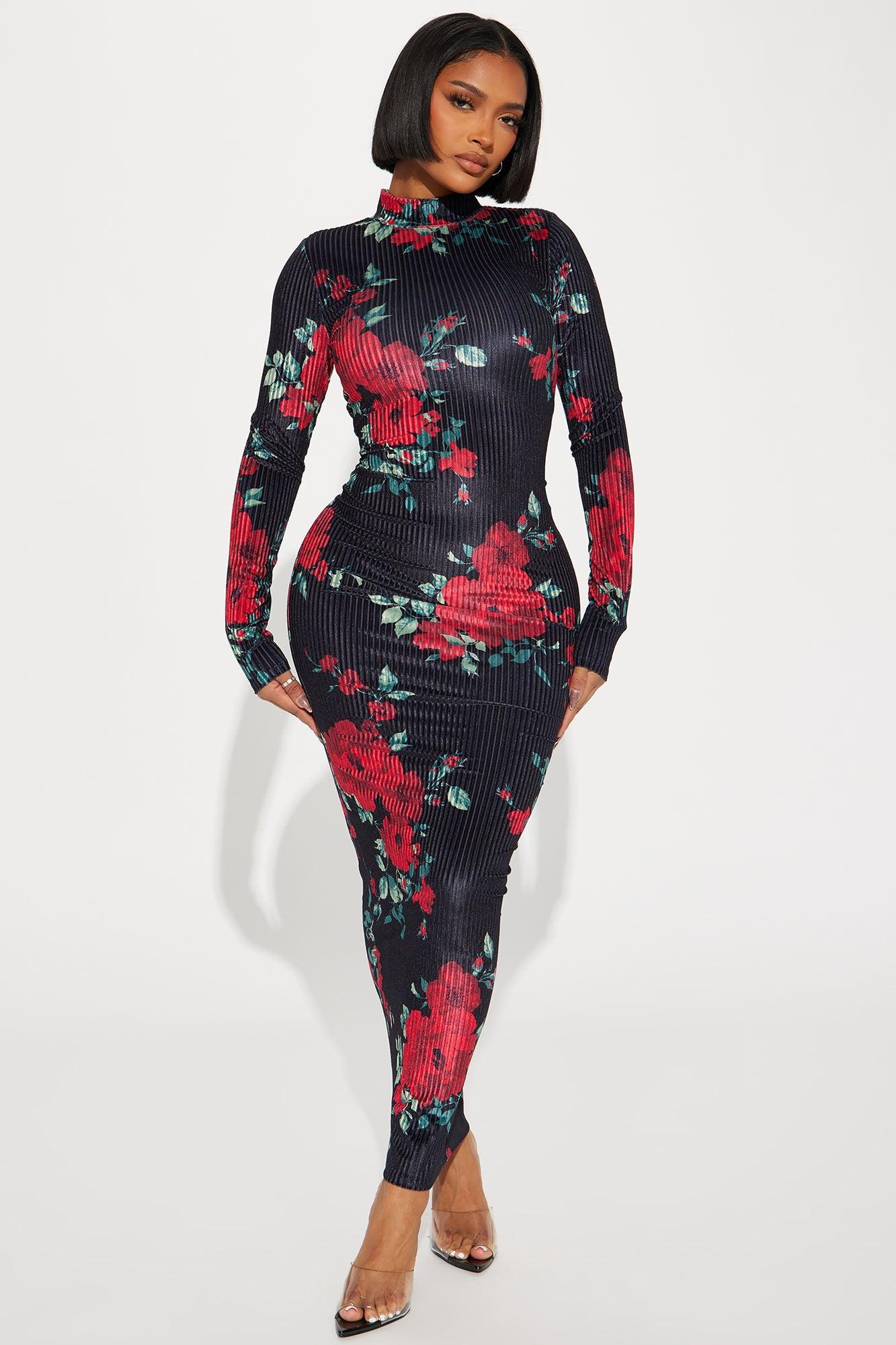 Anna Floral Maxi Dress - Black/Red Product Image
