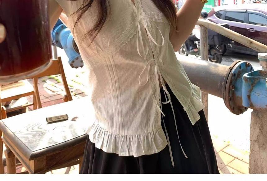 Short Sleeve V-Neck Plain Lace Panel Ruffled Hem Slim-Fit Blouse Product Image