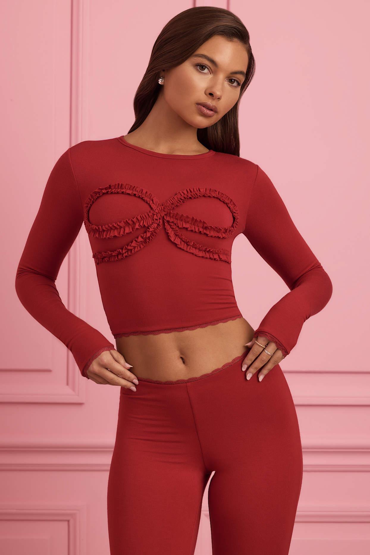 Lace-Trim Appliqué Pyjama Top in Ruby Red Product Image