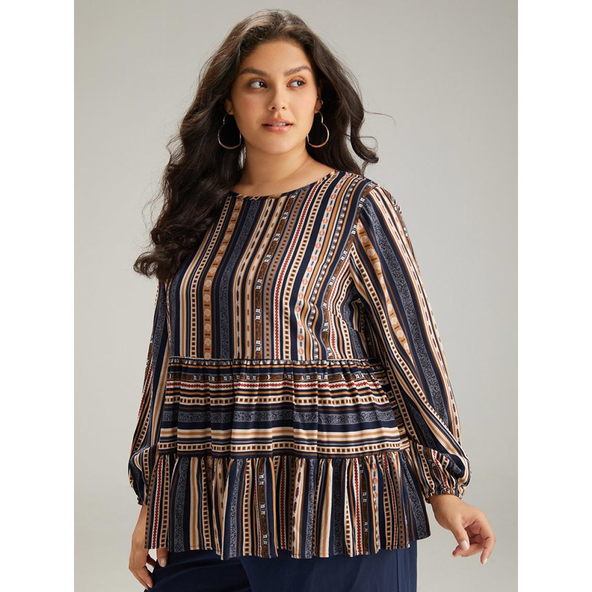 Plus Size Indigo Bandana Stried Crew Neck Gathered Blouse Women Vacation Long Sleeve Round Neck Dailywear Blouses BloomChic 22-24/3X Product Image