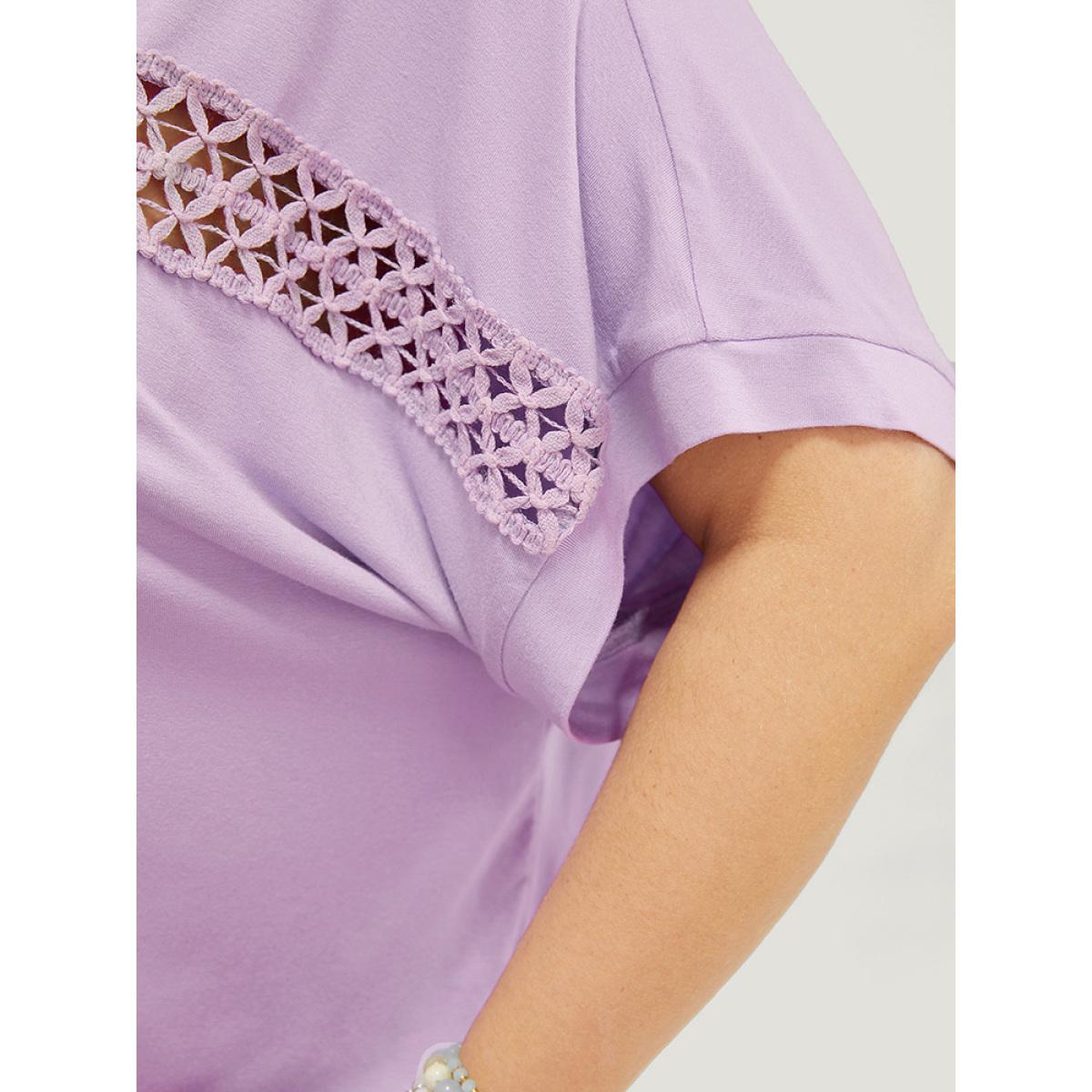 Plus Size Solid Batwing Sleeve Eyelet Lace T-shirt Lilac Women Elegant Lace Plain Round Neck Dailywear T-shirts BloomChic 22-24/3X Product Image