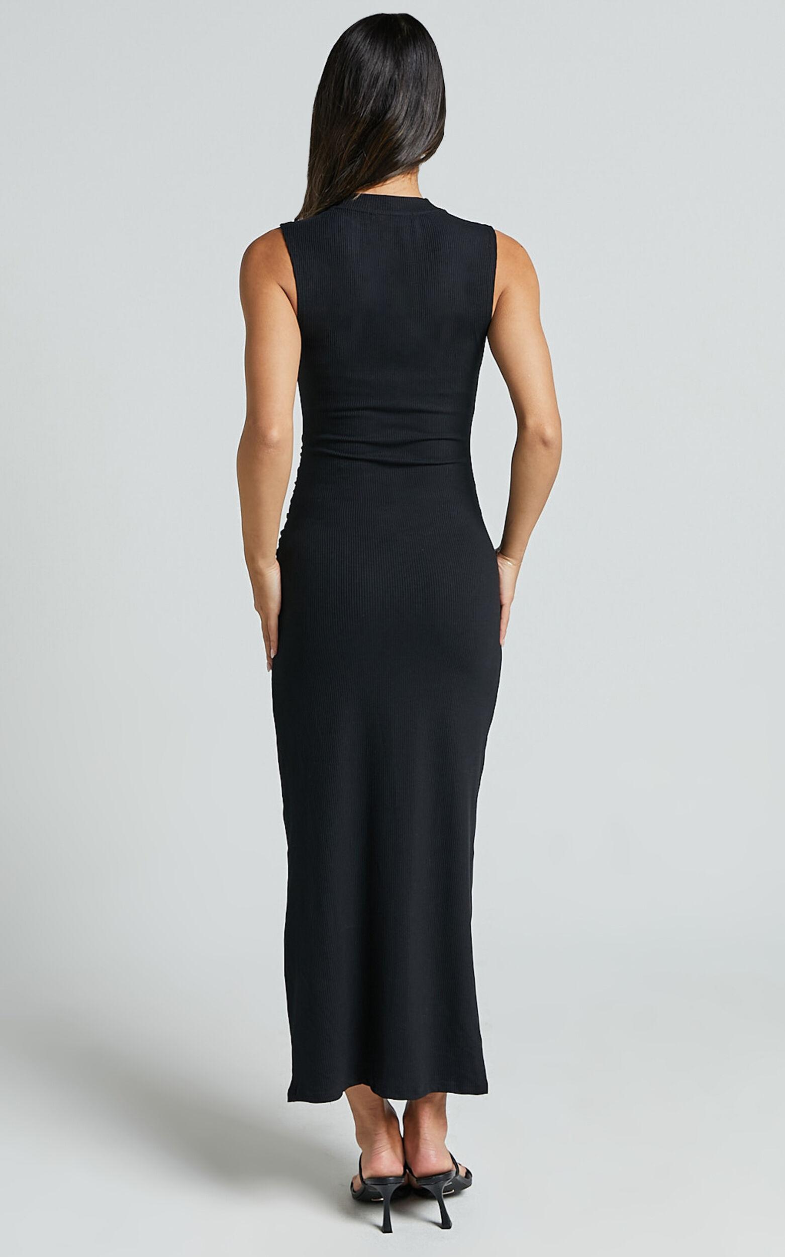 Carly Midi Dress - High Neck Ruched Dress in Black Product Image