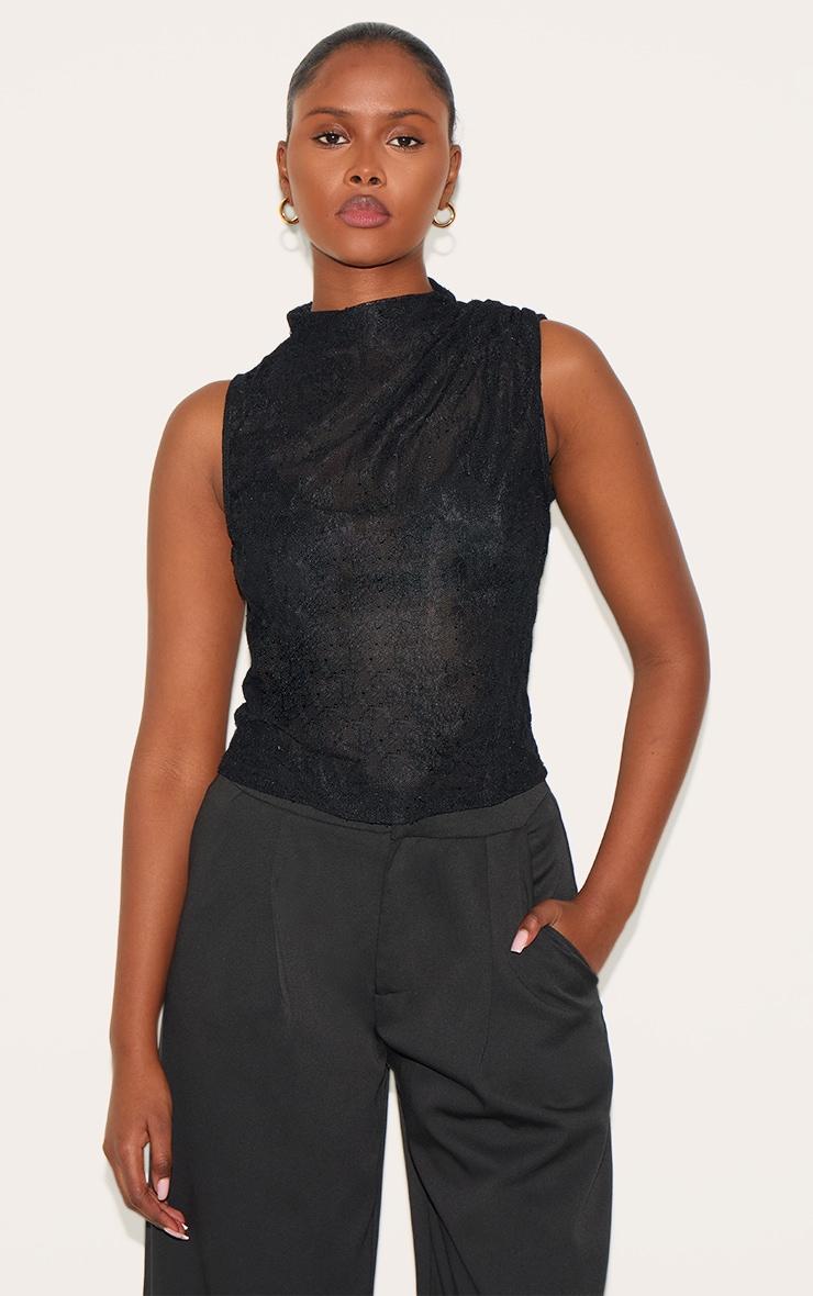 Black Lace Ruched Shoulder High Neck Top Product Image